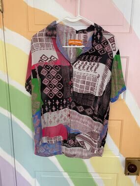 Jams World Honolulu Womens M Patchwork Rayon Camp Shirt Hawaiian Art Print